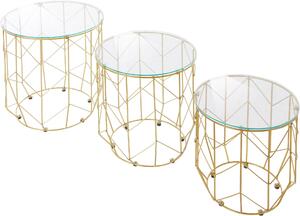 Trzy złote stoliki ze szklanymi blatami