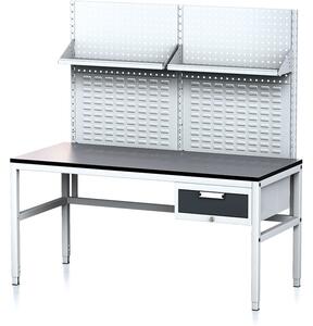 Alfa 3 Stół warsztatowy MECHANIC II z panelem perforowanym i półkami, 1600 x 700 x 745-985 mm, 1 kontener szufladowy, szary/antracyt