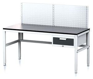Alfa 3 Stół warsztatowy MECHANIC II z panelem perforowanym, 1600 x 700 x 745-985 mm, 1 kontener szufladowy, szary/antracyt