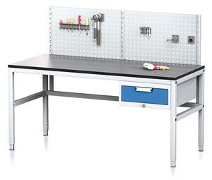 Stół warsztatowy MECHANIC II z panelem perforowanym, 1600 x 700 x 745-985 mm, 1 kontener szufladowy, szary/niebieski