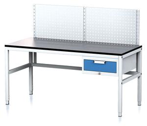 Alfa 3 Stół warsztatowy MECHANIC II z panelem perforowanym, 1600 x 700 x 745-985 mm, 1 kontener szufladowy, szary/niebieski