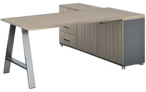 Biurowy stół roboczy PRIMO STUDIO z szafką po lewej, blat 1800 x 800 mm, szary / dąb naturalny