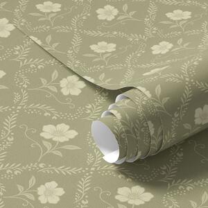 Tapety Kratka oliwkowa z kremowymi kwiatami, ornament w stylu retro, Tapety Z kwiatami, a00585 : Uwalls.pl