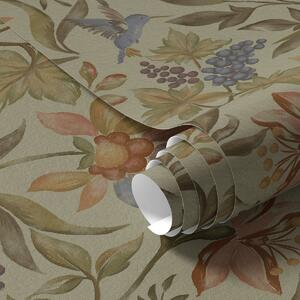 Tapety Kwiaty i ptaki w stylu vintage z winogronami na oliwkowym tle, Tapety Z kwiatami, a00594 : Uwalls.pl