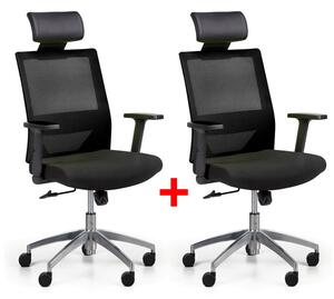 Krzesło biurowe z oparciem z siatki WOLF II, regulowane podłokietniki, aluminiowy krzyżak, 1+1 GRATIS, czarne