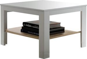 Biały stolik do salonu, kwadratowy z dębową półką
