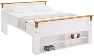 Drewniane łóżko z urokliwymi półkami, biało-miodowe 140x200