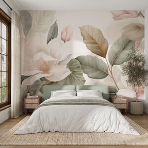 Fototapety Kwiaty magnolii z liśćmi w pastelowych kolorach, białym, różowym i zielonym, miękkie, delikatne, w, Fototapety Kwiaty, w09427 : Uwalls.pl