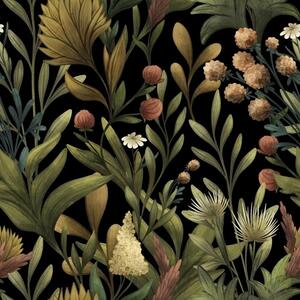 Tapety Ogród botaniczny na czarnym tle, ciepła jesienna paleta barw, Tapety Z kwiatami, a00619 : Uwalls.pl