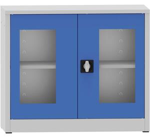 Szafa z półkami spawana ze szklanymi drzwiami, 800 x 950 x 500 mm, szara/niebieska