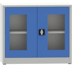 Szafa z półkami spawana ze szklanymi drzwiami, 800 x 950 x 500 mm, szara/niebieska