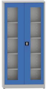Szafa z półkami spawana ze szklanymi drzwiami, 1950 x 950 x 500 mm, szara/niebieska