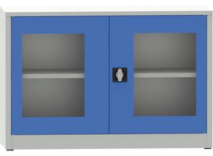 Szafa z półkami spawana ze szklanymi drzwiami, 800 x 1200 x 400 mm, szara/niebieska