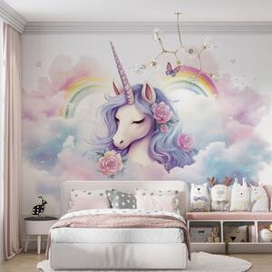 Fototapety Pastelowy jednorożec w chmurach z tęczą i różami, Fototapety Dziecięce, Fototapety Jednorożec, w03990 : Uwalls.pl