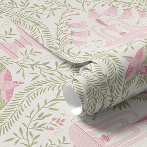 Tapety Fontanny, kolibry i zielone zwoje na jasnym tle, Tapety Z kwiatami, a00723 : Uwalls.pl