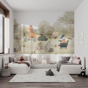 Fototapety Lis na rowerze i borsuk z herbatą, leśne zwierzęta w stylu akwareli, Fototapety Las, Fototapety Drzewa, w09439 : Uwalls.pl