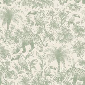 Tapety Tygrysy i tropikalne ptaki wśród palm na jasnym tle, Tapety las, a00711 : Uwalls.pl