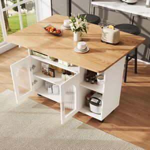 Wyspa kuchenna z rozkładanym blatem, szerokość 120 cm, kolor biały, wykonana z MDF, metalu i szkła, wyposażona w miejsce do przechowywania, otwarte półki i kółka