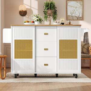 Wyspa kuchenna na kółkach z rozkładanym blatem, biała wyspa kuchenna z miejscem do przechowywania, wykonana z MDF i metalu, o wymiarach 146,85 x 70 x 90 cm, z regulowanymi półkami