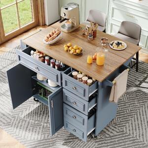 Wyspa kuchenna z miejscem do przechowywania, składana wyspa kuchenna wykonana z MDF i metalu, w kolorze baby blue (jasnoniebieskim), o wymiarach 110 x 75 x 92 cm, z funkcją stołu jadalnego i szufladami