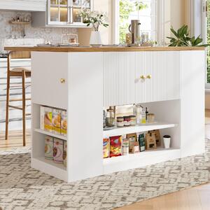 Biała wyspa kuchenna z miejscem do przechowywania i rozkładanym blatem, o wymiarach 140 x 40 x 90 cm, wykonana z MDF i metalu, wyposażona w szuflady i półki