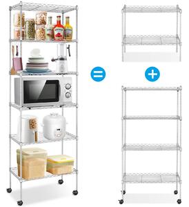 6-poziomowy regał kuchenny, 54x29x175cm metalowa półka z 4 haczykami, podnóżkami i kółkami, regulowana wysokość, srebrny
