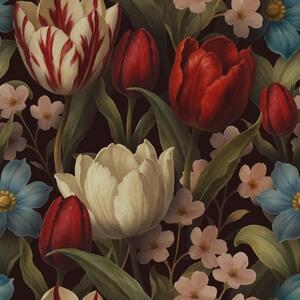 Tapety Jasne tulipany i niebieskie kwiaty na ciemnym tle, Tapety Z kwiatami, a00746 : Uwalls.pl