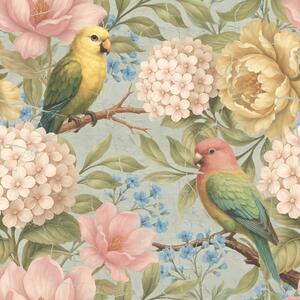 Tapety Papugi wśród piwonii, hortensji i magnolii, Tapety Z kwiatami, a00747 : Uwalls.pl