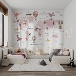 Fototapety Mapa dla dzieci w stylu akwareli z motywem zwierząt i balonów na ogrzane powietrze. Język, Fototapety Mapy, c00001frv3 : Uwalls.pl