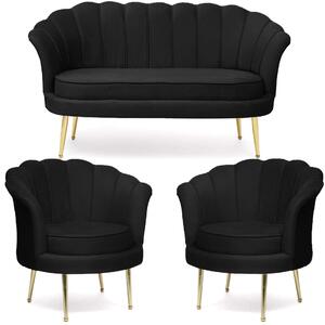 Zestaw sofa i fotele muszelki ELIF #28 ▪️ Welur czarny