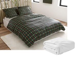 Zestaw pościeli z mikropluszu GLENMOORE zielone + prześcieradło z mikropluszu SOFT 90x200 cm białe, pojedyncze łóżko