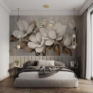 Fototapety Duże kwiaty magnolii z liśćmi w kolorze taupe na szczotkowanym tle, Fototapety Kwiaty, w04785 : Uwalls.pl