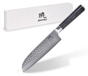 Duży, idealnie wywarzony nóż Shiori 撓 Chairo Santoku stal damasceńska, rękojeść drewno pakka
