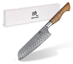 Duży, idealnie wywarzony nóż Shiori 撓 Santoku by Jakub Suchta stal damasceńska, rękojeść drewno jaworowego