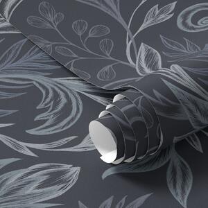 Tapety Ciemnoniebieskie, zwinięte liście z ręcznie rysowanym cieniowaniem, Tapety Z kwiatami, a00935 : Uwalls.pl