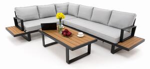 Zestaw mebli ogrodowych premium ATOL szary duży prawy narożnik aluminiowy ze stolikiem z blatem z drewna tekowego