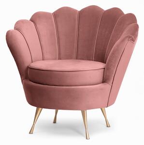 Designerski fotel glamour muszelka Viviene koralowy na złotych nogach