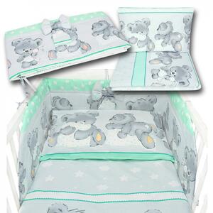 Pościel do łóżeczka z ochraniaczem + poszewki niemowlęca dziecięca 135x100 - miś z poduszką miętowy
