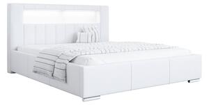 Łóżko tapicerowane 140x200 cm w białej ecoskórze - GOLD 5 z oświetleniem LED / Madryt 920