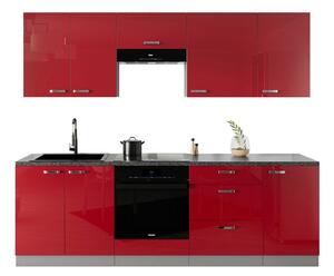 Meble modułowe do kuchni, zestaw kuchennych szafek w połysku ROSE 245 cm - Szary / Czerwony połysk