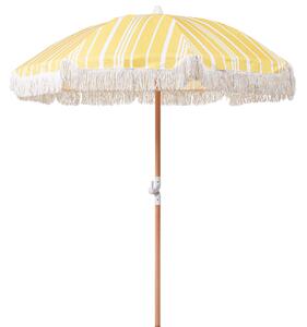 Retro parasol ogrodowy składany z pokrowcem 150 cm drewniany żółty z białym Mondello Beliani