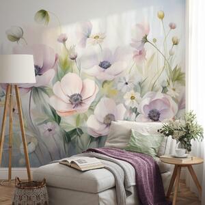 Fototapety Pole pastelowych różowych i białych kwiatów anemonów, zielonych liści i małych białych stokrotek., Fototapety Akwarele, w09742 : Uwalls.pl