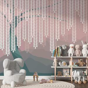 Fototapety Stylizowana wierzba z wiszącymi liśćmi na tle minimalistycznych gór w odcieniach różu i ciemnej, Fototapety Natura, w05232v4 : Uwalls.pl