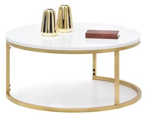 Modny okrągły stolik kawowy kodia xl glamour biały połysk na złotej podstawie ze stali