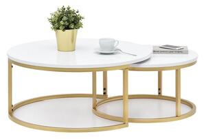 Elegancki zestaw okrągłych stolików kodia glamour biały na złotej nodze ze stali