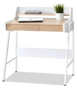 Skandynawskie małe biurko borr białe + sonoma z półką i dwoma szufladami