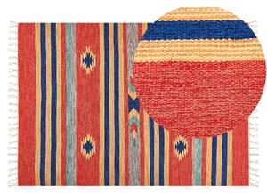 Dywan bawełniany kilim ręcznie tkany dwustronny z frędzlami wzorem 140 x 200 cm wielokolorowy Hatis Beliani