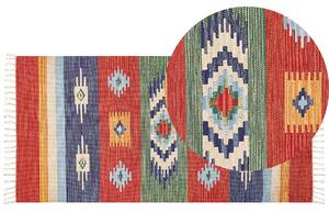 Dywan bawełniany kilim ręcznie tkany dwustronny z frędzlami wzorem 80 x 150 cm wielokolorowy Kamaris Beliani