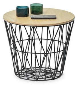 Designerski stolik metalowy okinawa czarny pomocnik ze schowkiem i drewnianym blatem
