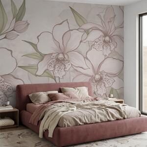 Fototapety Ilustracja przedstawiająca jasne orchidee z liśćmi na beżowym tle, Fototapety Kwiaty, w05117 : Uwalls.pl